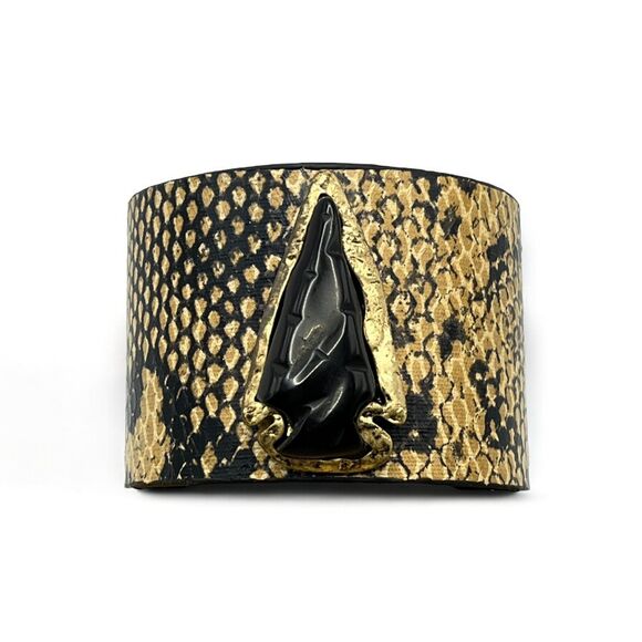 Snakeskin Print Bracelet Cuff Black Simulated Stone Arrowhead Southwest Chunky - Picture 2 of 16